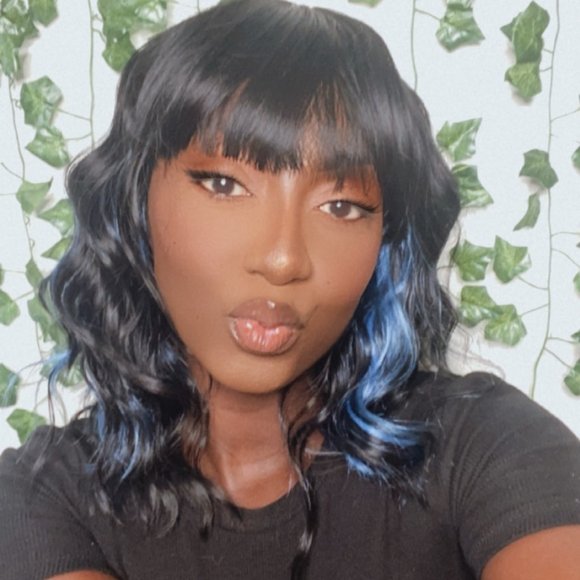 Women 14 Inches Black Mixed Blue Synthetic Short Curly Wigs with Bangs - Picture 10 of 15
